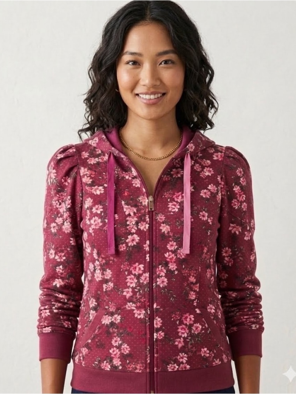 Lacey Chabert Collection Floral Zip-Up Hoodie Jacket - Pink Rose